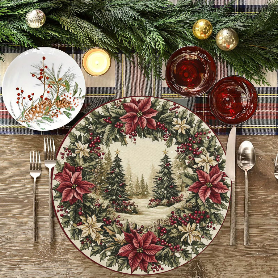 VIKAMA 4-teiliges Set Weihnachtsmatten mit Stechpalmen, Beeren und Kiefernwald in Mehrfarbig - Bild 2