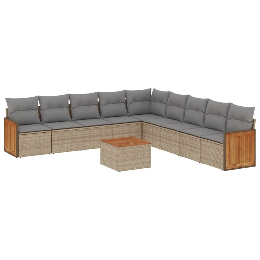 vidaXL 10-tlg. Garten-Sofagarnitur in L-Form aus beige farbenem Poly-Rattan mit Kissen und Akazienholz - Bild 2