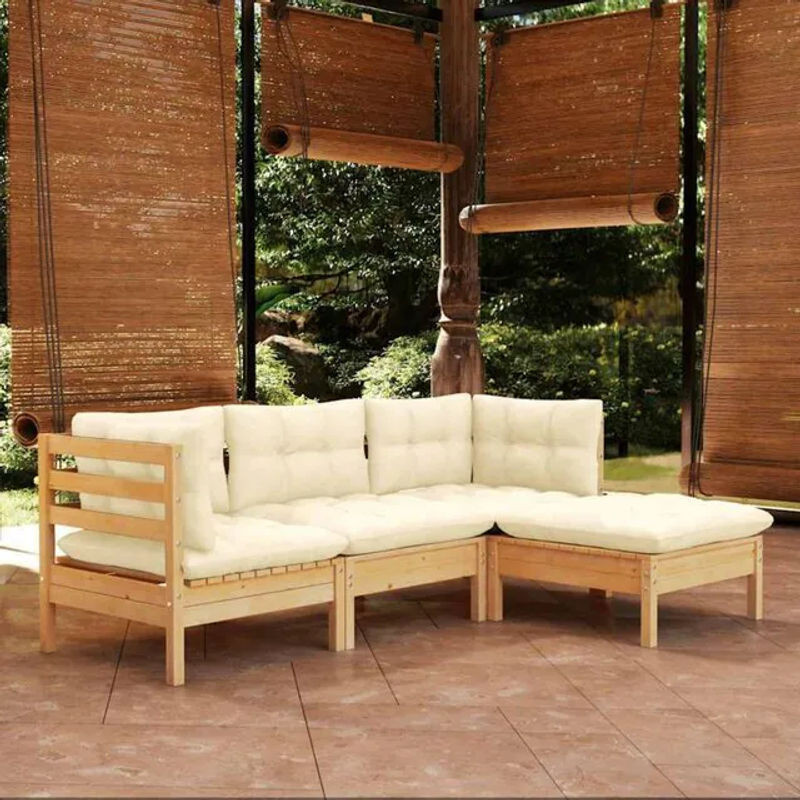 Vidaxl 4-teiliges Garten-Lounge-Set aus Kiefernholz mit cremefarbenen Kissen in rustikalem Design - Bild 1