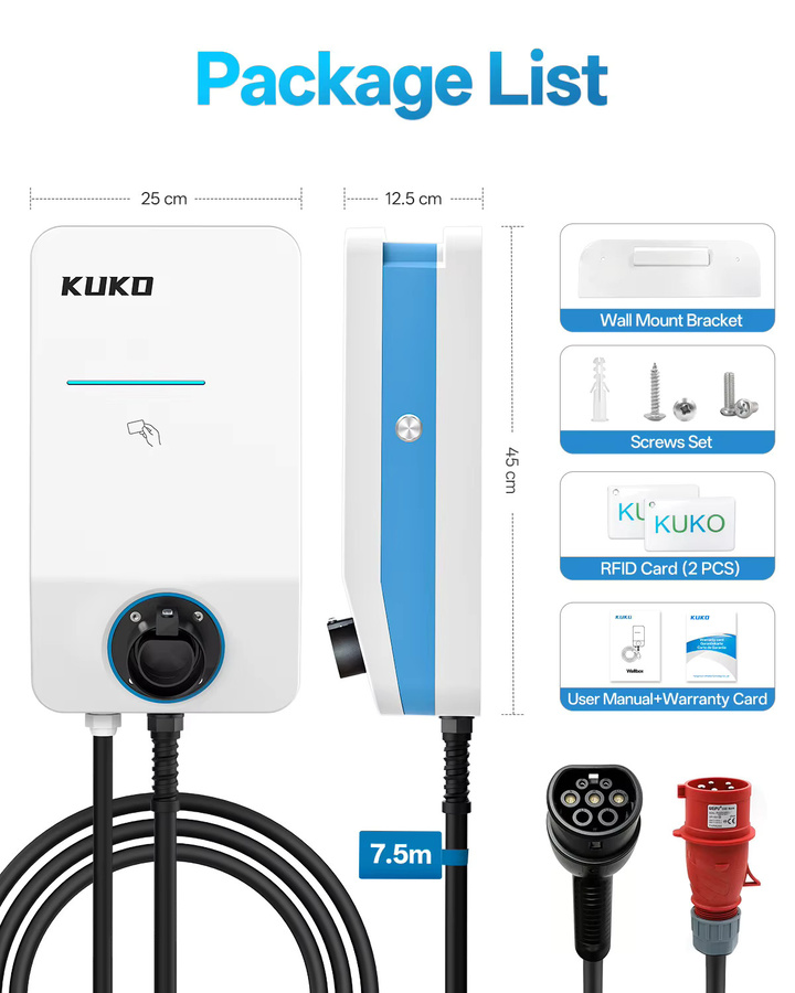 KUKO Typ 2 EV-Ladegerät Tragbares Ladegerät mit WLAN-App und Bluetooth-Steuerung, 32A Einphasig/Mehrphasig, Weiß - Bild 2