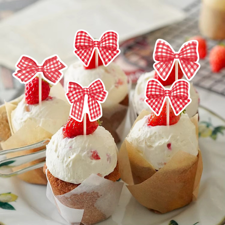 24er Set Rote Schleife Cupcake Topper im Plaid-Design für Hochzeit, Geburtstag und Valentinstag als DIY Party Dekoration - Bild 3