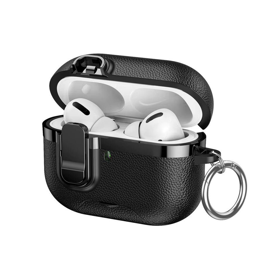 Schutzhülle für Apple AirPods Pro 2 und AirPods 4 mit sicherem Verschluss, integriertem Handyständer und Ledertextur in Schwarz - Bild 6
