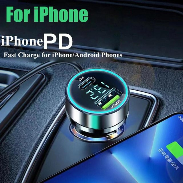 Schnelles 120W USB PD Auto Ladegerät mit Digitalanzeige und 2 Ports inklusive USB-C - Bild 1