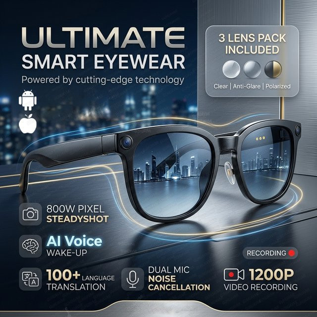 GUHUAVMI Smart Glasses KI-Brille mit Kamera für Foto- und Videoaufnahme, intelligente Übersetzungsfunktion, wasserdicht und für Anrufe geeignet, Farbe: Schwarz/Transparent - Bild 1