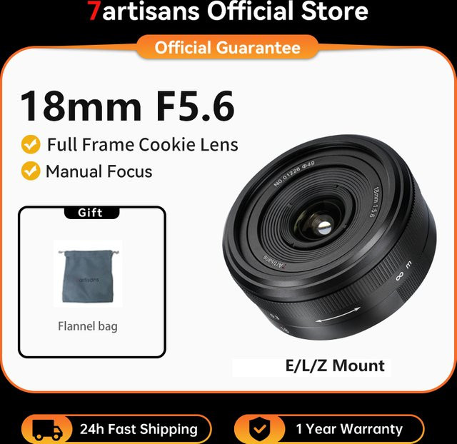 7artisans 18mm F5.6 Vollbild Cookie Festfokus Weitwinkel Objektiv für Sony E, Leica L, Panasonic Lumix S, Canon RF und Nikon Z, Schwarz - Bild 1