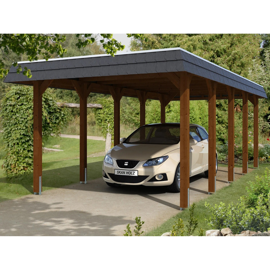 Holz Carport Spreewald von SKANHOLZ in Nussbaum mit schwarzer Blende, B/T: 345 x 741 cm, Höhe: 241 cm - Bild 2