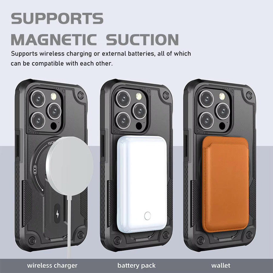 Caynes Mecha iPhone Hülle mit MagSafe Magnetischer Stoßfeste Schutz mit Luxus-Halterung in Schwarz - Bild 3
