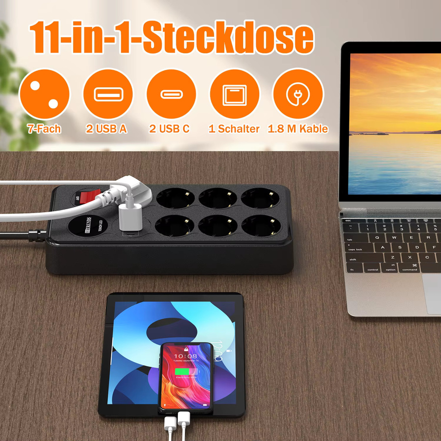 HITRENDS 11-in-1 Multifunktionssteckdosenleiste mit 7 AC-Steckplätzen und 4 USB-Schnellladeanschlüssen, Schwarz, 1,8 m Kabel mit Touch-LED und Sicherheitsschutz - Bild 2