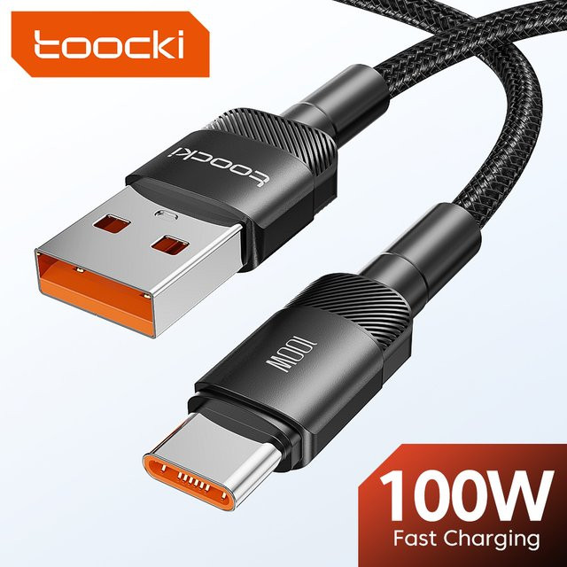 Toocki USB-C Schnellladekabel 100W mit USB-A auf USB-C Anschluss in Schwarz - Bild 1