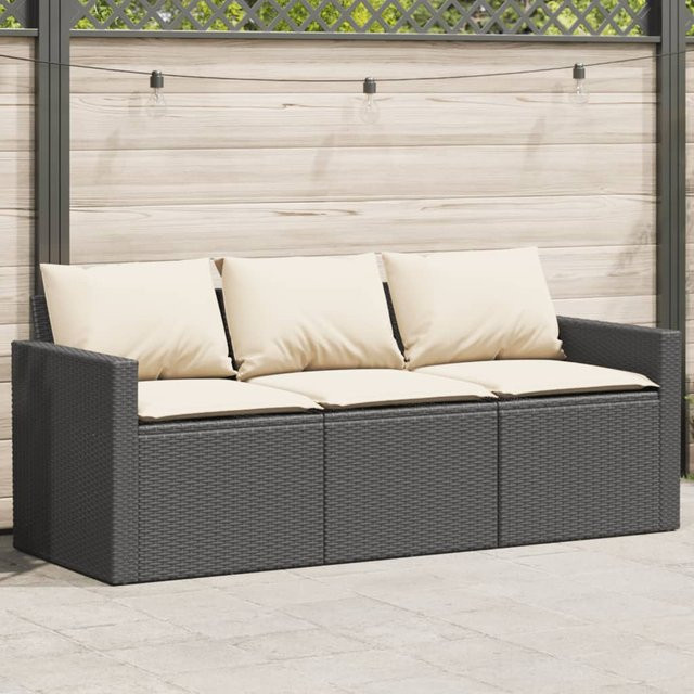vidaXL Gartensofa 3-Sitzer aus Polyrattan mit Kissen in Schwarz und Cremeweiß, B/T/H: 177,0 x 70,0 x 68,0 cm - Bild 3