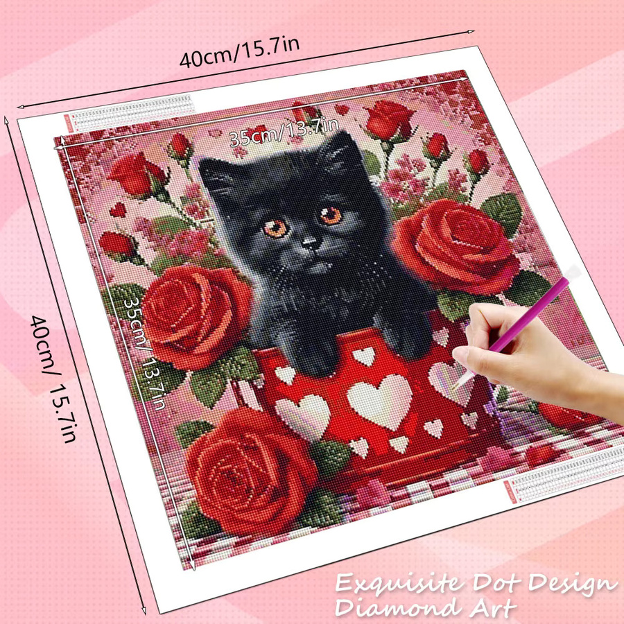 HUACAN Diamond Painting Set Katze und Blumen mit Tasse, 5D DIY Diamant Mosaik in Multicolour, Vollbohrer mit runden Steinen - Bild 2