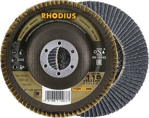 Rhodius Fächerschleifscheibe für Edelstahl und Stahl, Durchmesser: 115 mm, Bohrungs-Ø: 22,23 mm, Körnung: 80, Mehrfarbig - Bild 1
