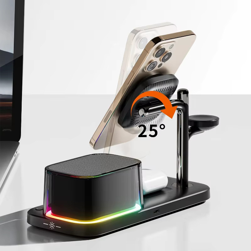 XIKCU 5-in-1 Magnetisches Kabelloses Ladegerät mit Bluetooth-Lautsprecher und Schnellladefunktion für iPhone, Apple Watch und AirPods in Schwarz oder Weiß - Bild 6