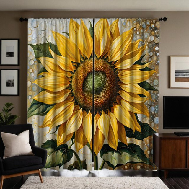 2er-Set dekorative Vorhänge mit Sonne und Sonnenblumen-Motiv in Gelb und Braun, B: 132 cm, H: 160 cm - Bild 1