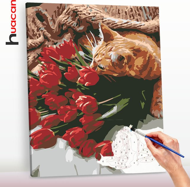 Huacan Katzen-Blumen-Zeichnung nach Zahlen, Malen nach Zahlen, ab 14 Jahren - Bild 1