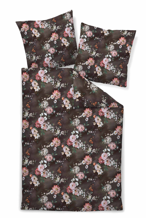 Janine Carmen Mako Jersey Bettwäsche mit Rosen Blumen Design in Braun, B/H: 135 x 200 cm und Kissenbezug 80 x 80 cm - Bild 1