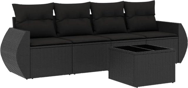 vidaXL 5-tlg Garten-Sofagarnitur aus Poly-Rattan in Schwarz mit Kissen und Gartentisch - Bild 1