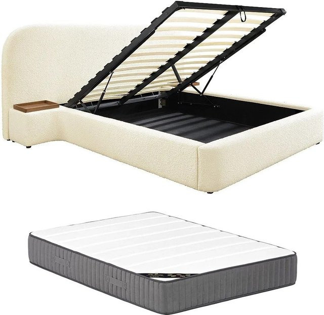 Vente-unique Bett Esteria mit Bettkasten in Weiß mit Bouclé-Stoff, B/T/H: 272 x 180 x 120 cm - Bild 1