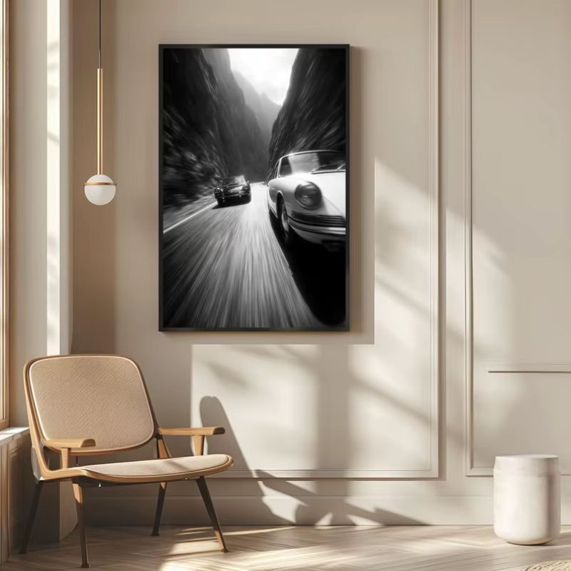 Vintage-Leinwandposter von Rastar mit Automobil-Rennfotografie in Schwarz-Weiß, rahmenloses Wandbild im Querformat - Bild 3