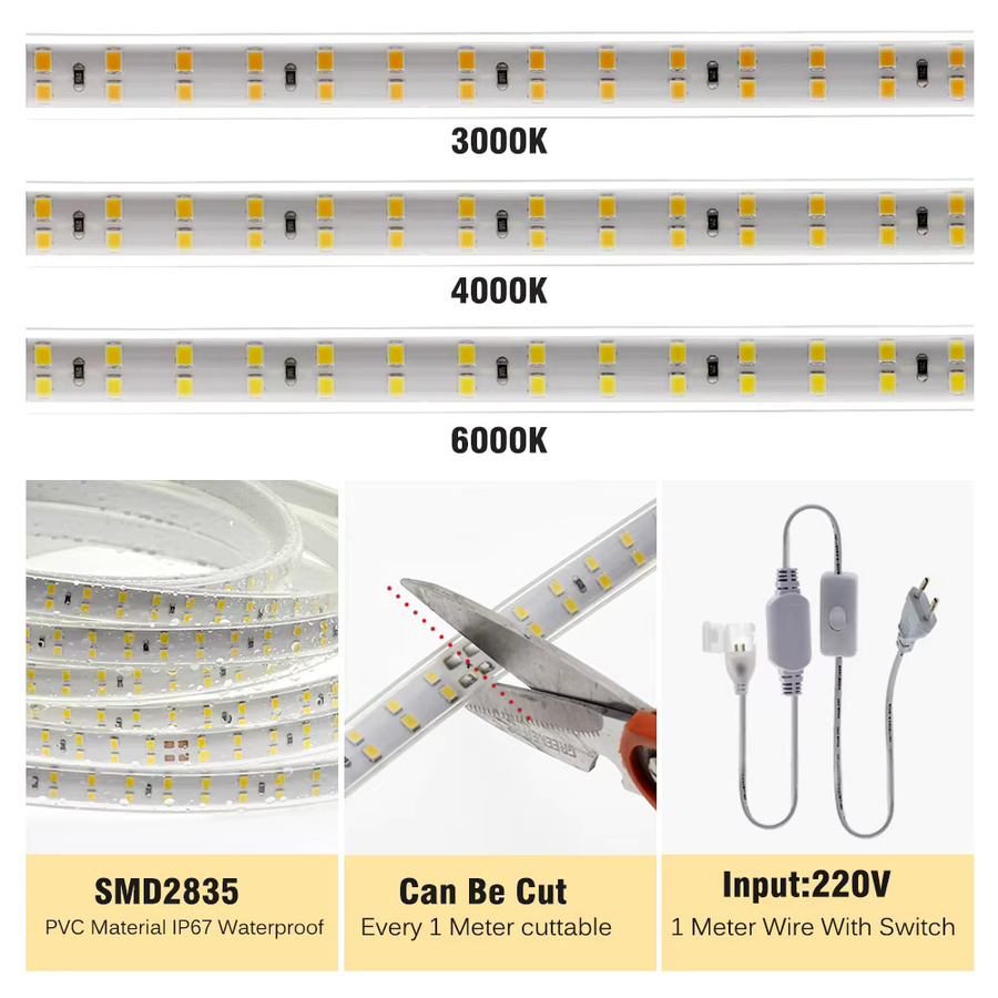 TRANYTON LED-Streifen wasserdicht mit EU-Stecker, zweireihig SMD2835, 180 LEDs/m, 220 V, CCT-Farbtemperatur wählbar - Bild 5