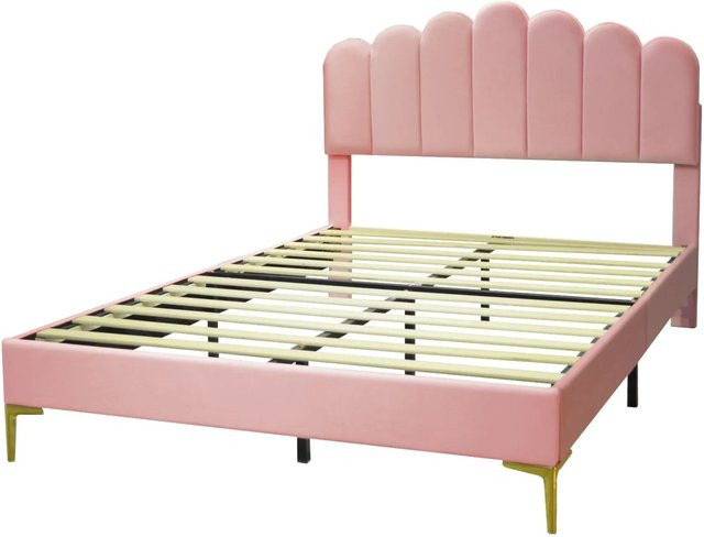 Merax Polsterbett mit Samt Kopfteil in Rosa, B/T/H: 140,5 x 203 x 114 cm - Bild 1
