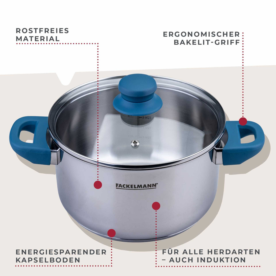 Fackelmann Kochtopf Essential mit Glasdeckel, Blau, Durchmesser: 20 cm - Bild 3