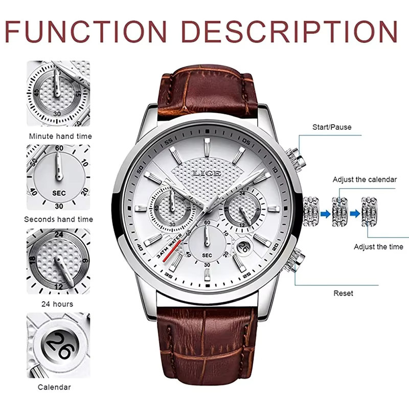 LIGE Chronograph, Quarz, Leder, Herren, Datum, Silber, Edelstahl - Bild 3