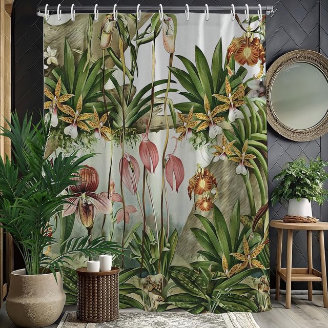 Wasserdichter Duschvorhang Dunika Chen mit tropischem Regenwaldpflanzen Design und Dschungelorchideen, Mehrfarbig, B: 90 cm, H: 180 cm - Bild 1