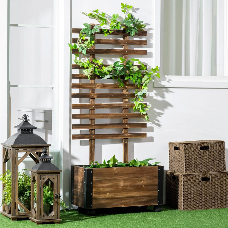 Outsunny Hochbeet aus verkohltem Tannenholz mit Rankgitter und Rollen, H x B x T: 147 x 65 x 31 cm - Bild 5