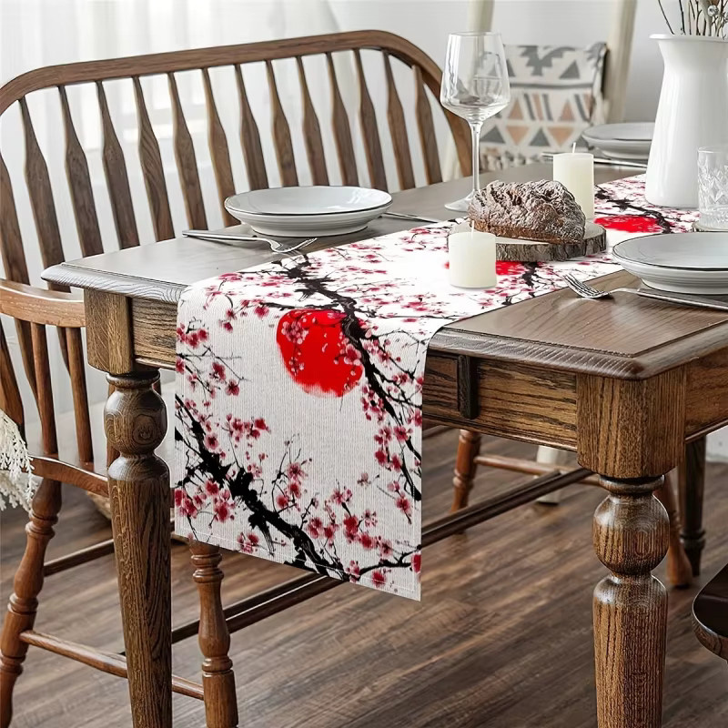 VIKAMA Japanischer Tischläufer mit Tuschemuster, Pflaumenblüten und roter Sonne, wasserabweisendes Polyester in Rot und Mehrfarbig, B/H: 90 x 33 cm - Bild 3