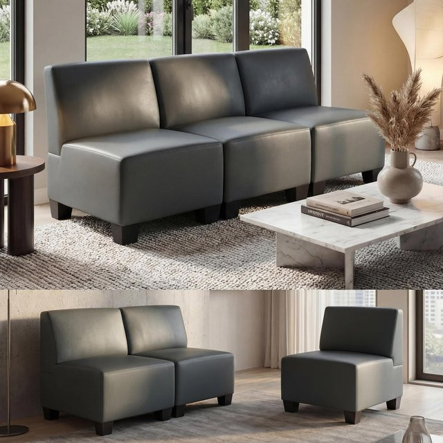 Modularer 3-Sitzer Sofa Couch Lyon von MCW aus Kunstleder in Dunkelgrau ohne Armlehnen - Bild 1