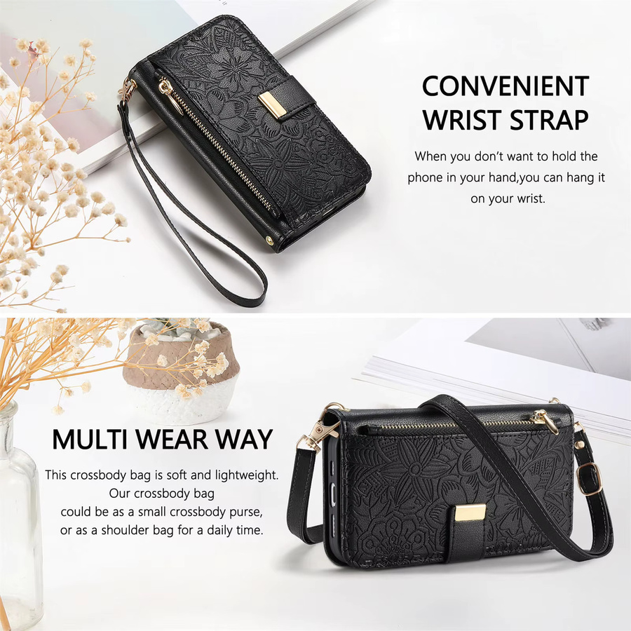 PU Leder Crossbody Handyhülle mit Reißverschluss und Handgelenkstrap für Samsung Galaxy S25 Plus, S24 FE, S23 Ultra und S22 in Pink oder Schwarz - Bild 4
