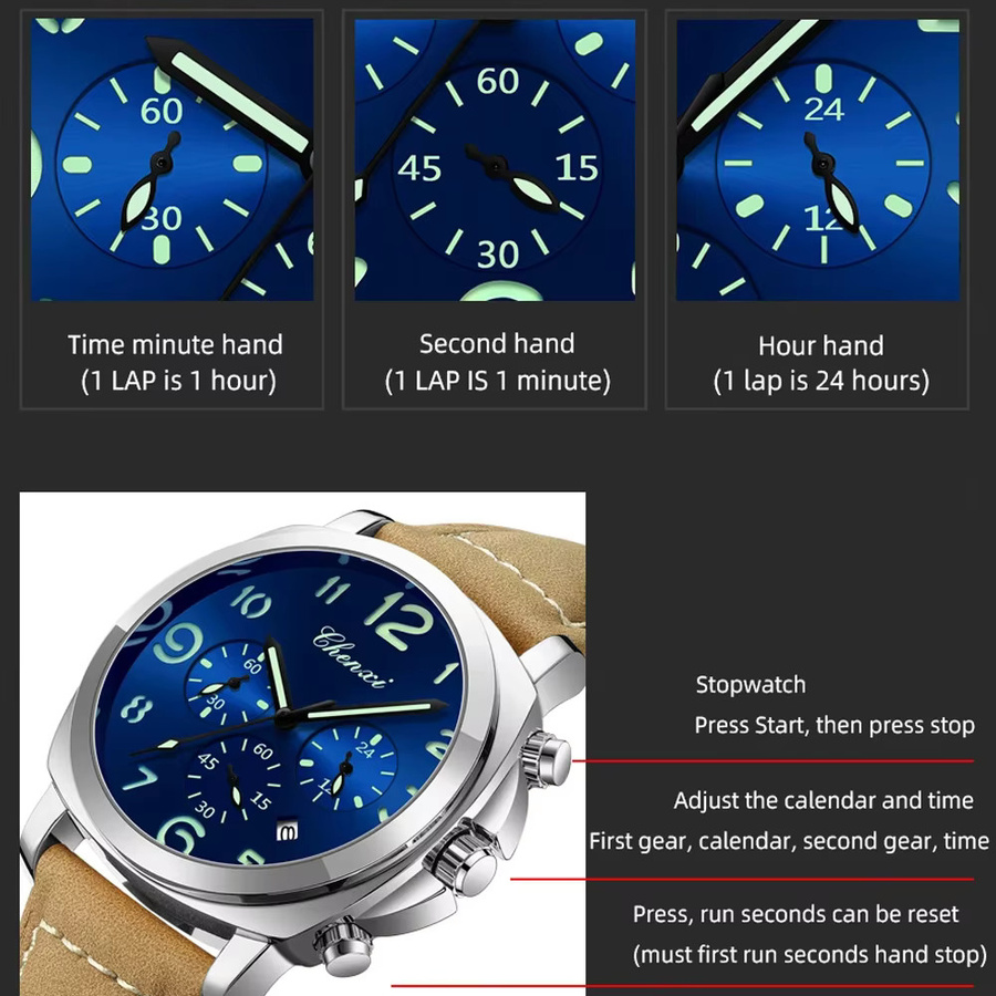 CHENXI Chronograph Herren, Quarz, Lederband, Schwarz, Wasserdicht - Bild 2