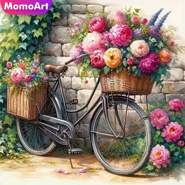 Momoart Diamantmalerei Fahrrad Landschaft DIY Diamantmosaik mit Blumen in Multicolour, B/B/B: 20 x 20 x 20 cm - Bild 1