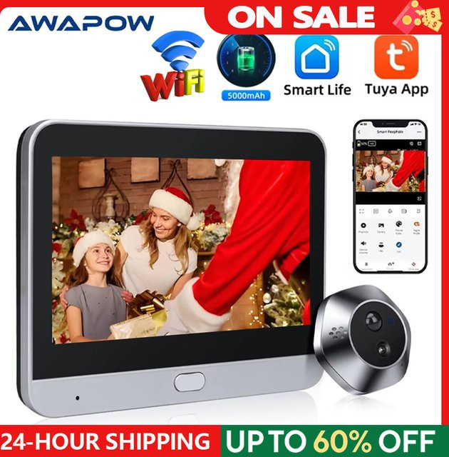 Awapow Smart Life WiFi Tuya Gucklochkamera mit Bewegungserkennung, 2 MP HD-Auflösung, Digitalem Audio und Zwei-Wege-Gegensprechanlage in Silber - Bild 1
