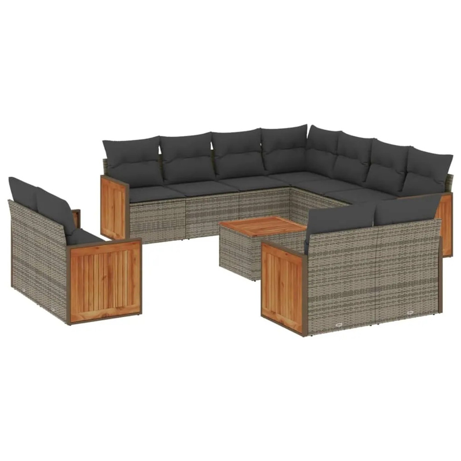 vidaXL 12-tlg Garten-Sofagarnitur Modell 45 aus Poly Rattan in Grau mit Kissen und Akazienholz - Bild 2