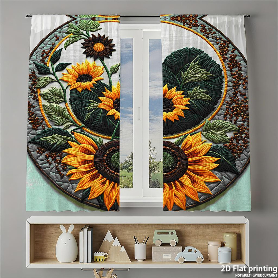 Set aus 2 Vorhangrundungen mit Sonnenblumen-Stickerei in Gelb und Grün, Digitaldruck aus Polyester mit Stangentasche, Breite: 100 cm, Höhe: 130 cm - Bild 4