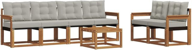 vidaXL Outdoor-Sofagarnitur 7-teilig aus Akazienholz und Textilene in Natur und Hellgrau mit Kissen und UV-Beständigkeit - Bild 1