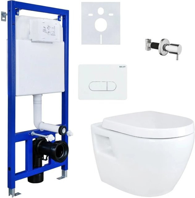Belvit Dusch-WC Komplettset mit Taharet Bidet Funktion, Wand-WC aus Keramik in Weiß, inklusive Vorwandelement und Betätigungsplatte, Schallschutz AC90L - Bild 1