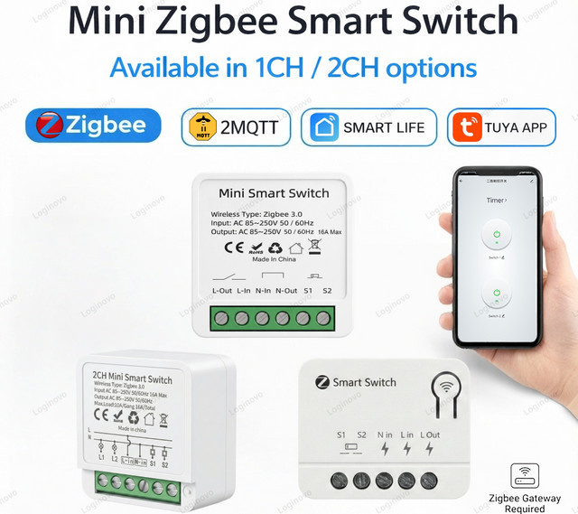 Tuya Zigbee Mini Smart Switch DIY 2-Wege-Steuerung, 16A 1/2-Gang-Relais in Weiß, kompatibel mit Google Assistant - Bild 1