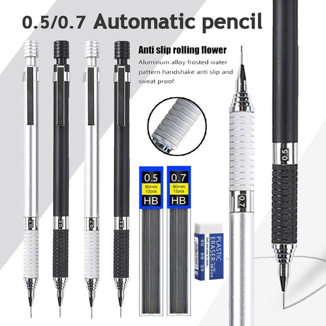MROOFUL 3-teiliges Set mechanische Metall-Druckbleistifte in Schwarz mit Ersatzminen 0,5 mm und 0,7 mm HB Graphit für Schule und Skizzieren - Bild 1