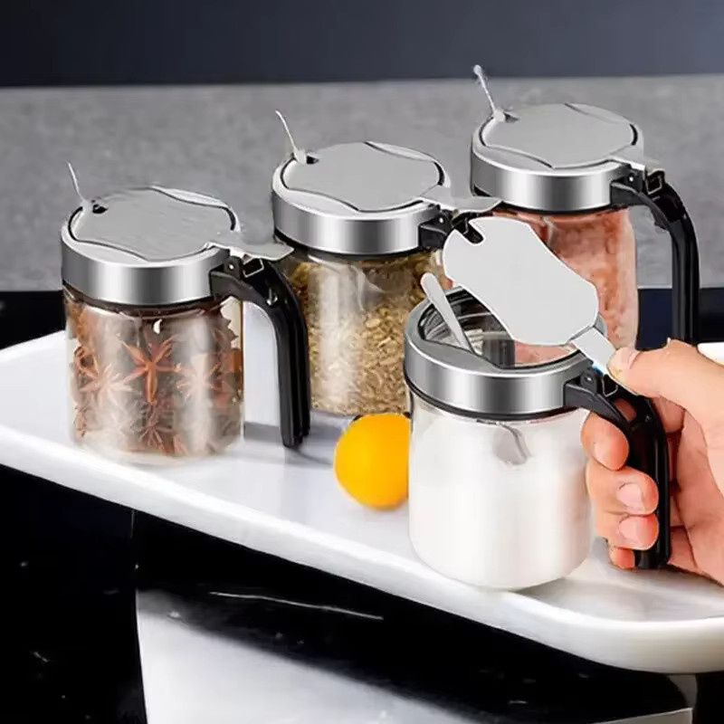 LIJIAO Gewürzglas aus Glas mit Löffel für Salz, Zucker oder Gewürze, 300 ml, transparent/grau - Bild 2