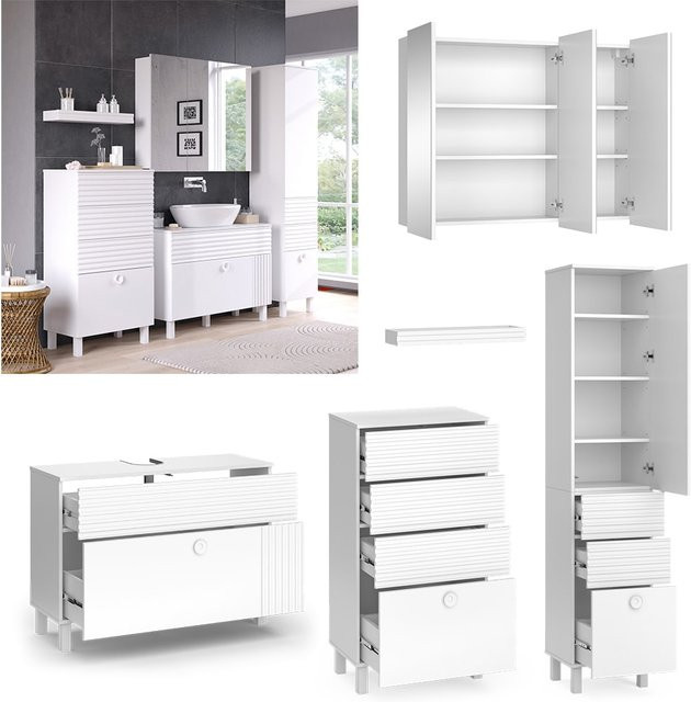 Vicco Badmöbel-Set Sola in Weiß matt bestehend aus 4 Teilen mit Waschtischunterschrank, Spiegelschrank, Midischrank und Hochschrank - Bild 1