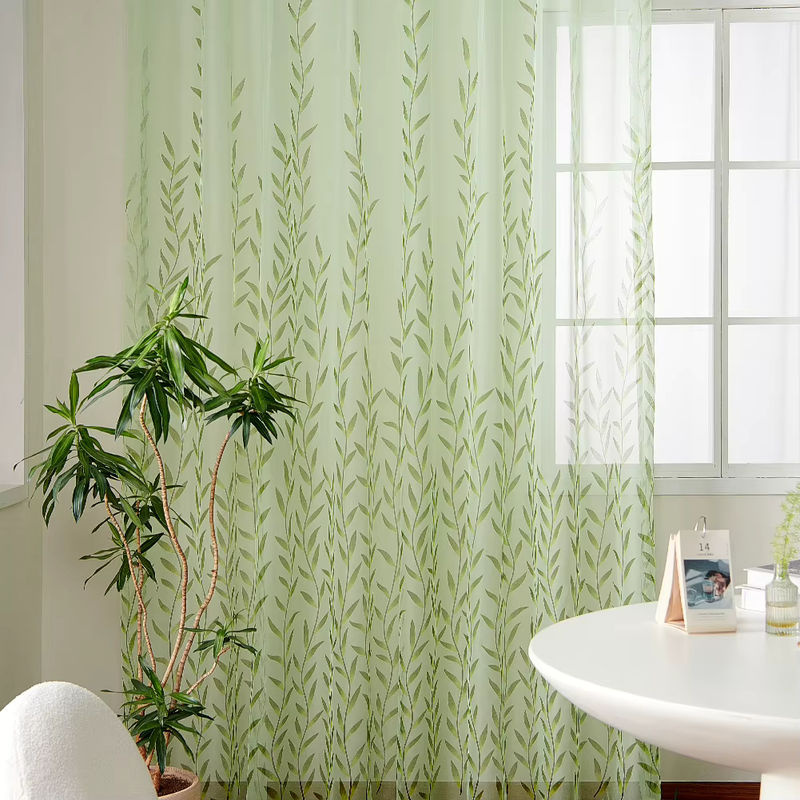 LEEJOOM Tüll-Vorhang mit grünem Weidenblatt-Design, transparent, Breite: 100 cm, Höhe: 200 cm - Bild 3