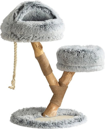 Fudajo Kratzbaum im Zweigdesign mit Katzenhöhle aus Birnbaumholz in Creme-Grau, Höhe: 80 cm