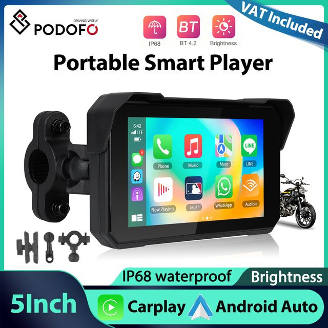 Podofo 5 Zoll IPS-Bildschirm mit Carplay und Android Auto, Motorrad-Monitor mit Reifendrucküberwachung, IP68 wasserdicht und Bluetooth, Schwarz - Bild 1