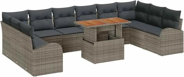 vidaXL Garten-Sofa-Set 11-teilig aus Rattan und Akazienholz in Grau mit Kissen - Bild 1