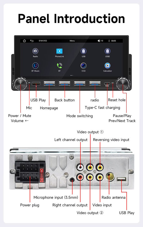 BQCC 1Din Autoradio mit 6,86 Zoll Display, Bluetooth, FM, 7-Farben LED-Beleuchtung, 33W, Typ-C Ladegerät, kabelloses CarPlay und Android Auto, Schwarz - Bild 5
