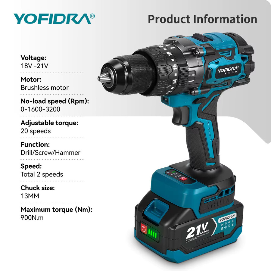 YOFIDRA Bürstenloser Elektro-Schlagbohrschrauber in Blau mit 900N.M Drehmoment und 20+3 Stufen für Makita LXT Akkus - Bild 5