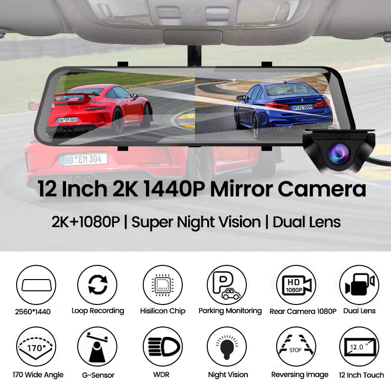 E-ACE 12-Zoll 4K UHD Spiegel-Dashcam mit Rückfahrkamera, WiFi und GPS in Schwarz - Bild 2